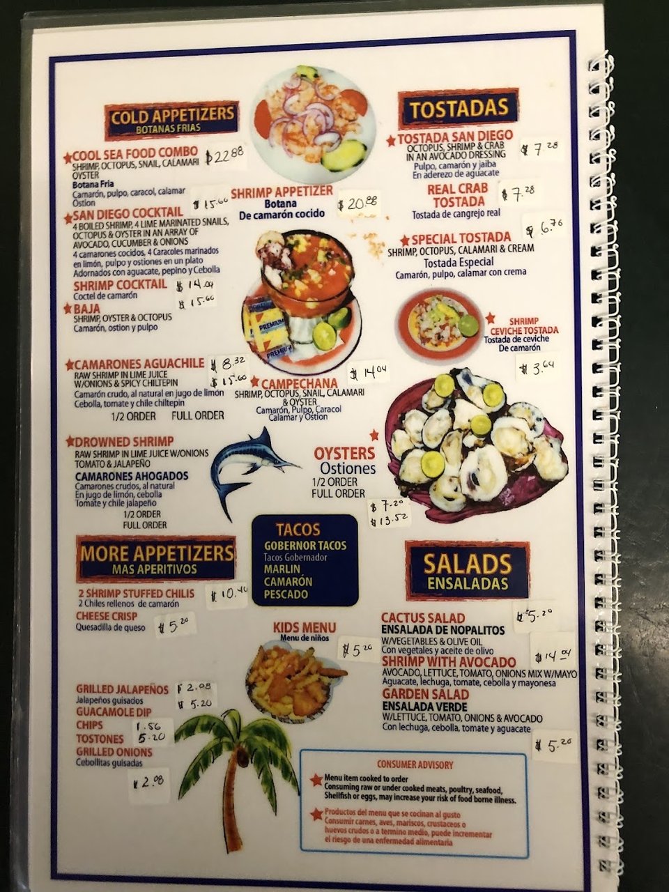 Printed menu with special drinks listed.